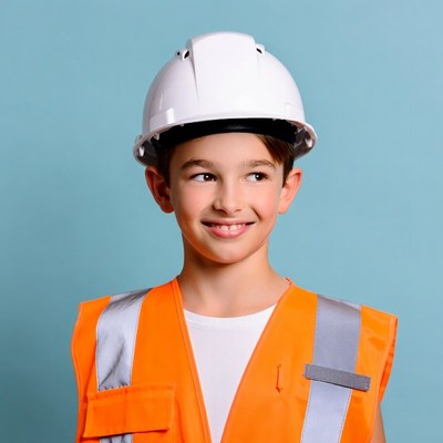 Boy wearing hard hat and vest
