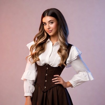 Woman in white blouse brown corset skirt