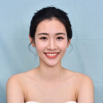 Smiling Asian woman on blue background