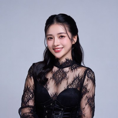 Asian woman in black lace corset top