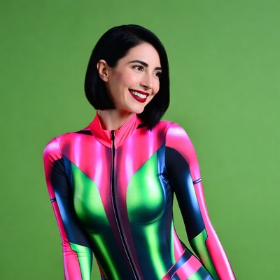 Woman in pink green shiny bodysuit