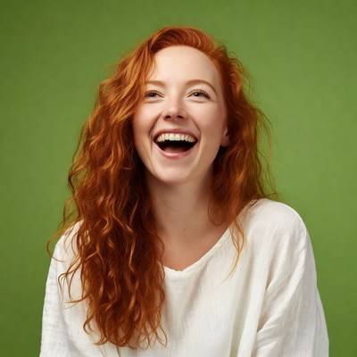 Redhead woman smiling on green background