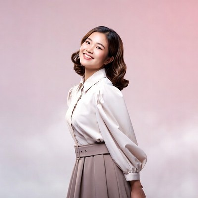Asian woman smiling in blouse skirt