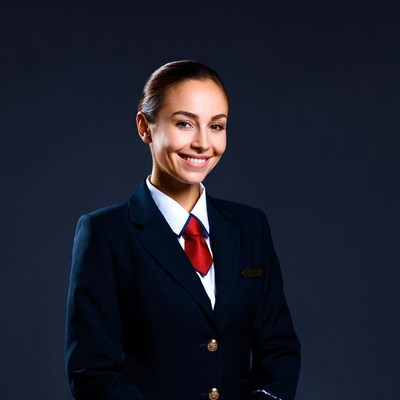 Smiling woman in navy flight attendant uniform