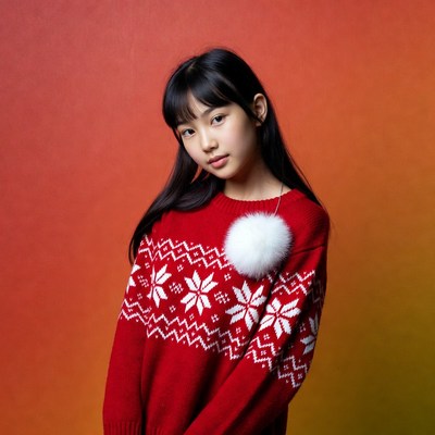 Asian girl in red Christmas sweater