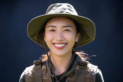 Asian woman smiling in green hat vest