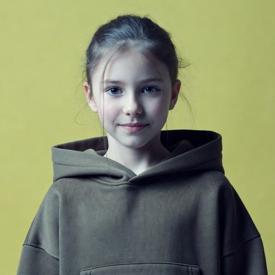 Girl in green hoodie on yellow background