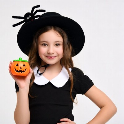 Girl in witch costume holding pumpkin