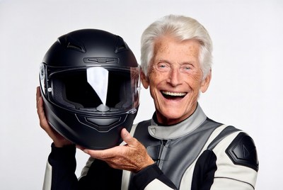 Elderly man holding black motorcycle helmet