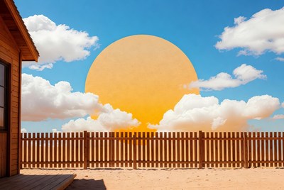 Giant Sun Behind Wooden Cabin