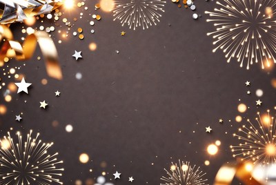 Golden fireworks and ribbons on brown background