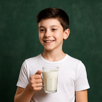 Boy holding glass of milk