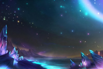 Glowing Crystal Rocks by Night Sea