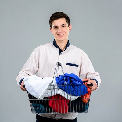 Young man holding laundry basket