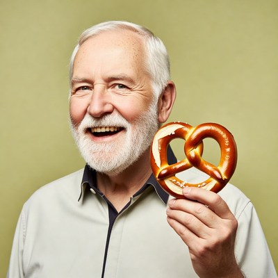 Elderly man holding pretzel