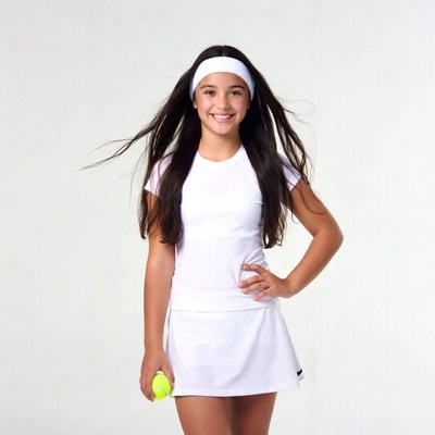 Girl holding tennis ball in white outfit