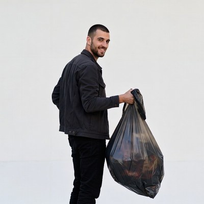 Man holding black trash bag