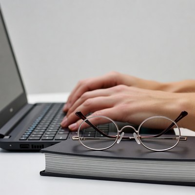 Hands typing on laptop with glasses and book