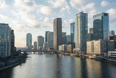 City skyline with river and bridge