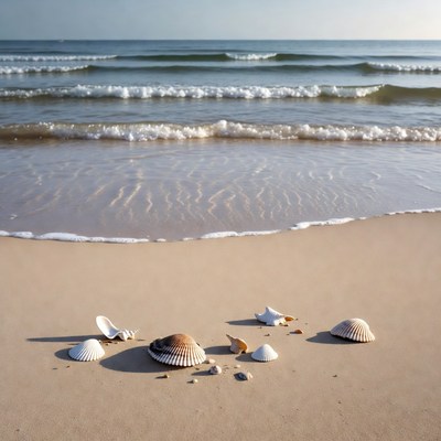 Seashells on sandy beach by ocean