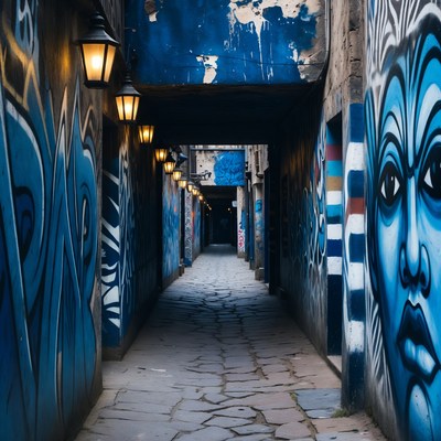 Graffiti-covered narrow alleyway