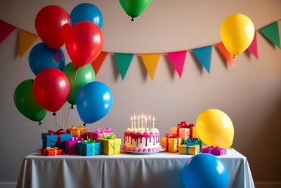 Birthday Cake with Balloons and Gifts