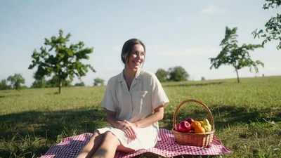 Woman with fruit basket on picnic blanket