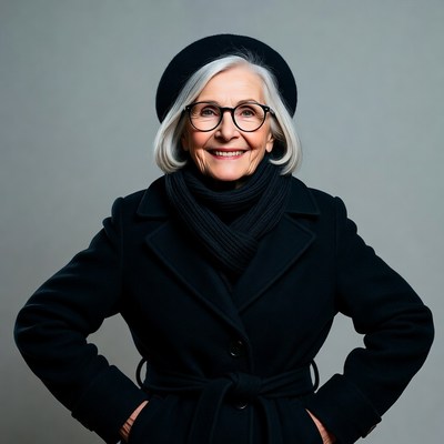 Elderly woman in black coat and beret
