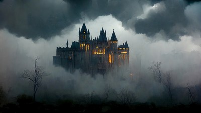 Gothic Castle in Stormy Fog