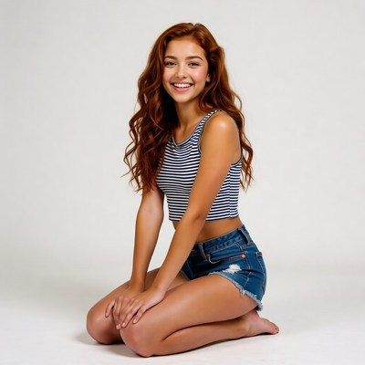 Smiling redhead girl kneeling in striped top