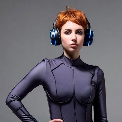 Woman in futuristic bodysuit with headphones