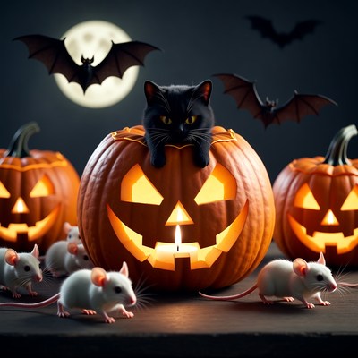 Black Cat on Jack-o-Lantern with Mice