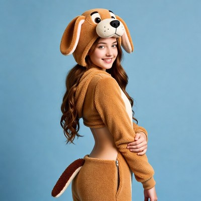 Girl in brown dog onesie costume