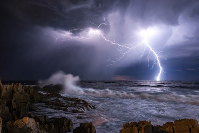 Lightning Storm Over Ocean Rocks