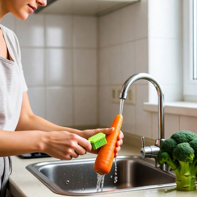 Woman washing carrot in kitchen sink