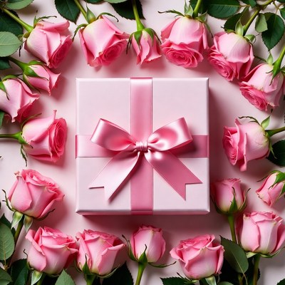Pink Roses Surrounding Gift Box