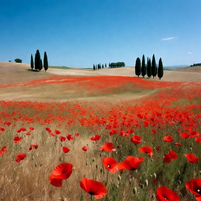 Red Poppy Field with Cypress Trees