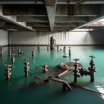 Abandoned Concrete Room with Green Water