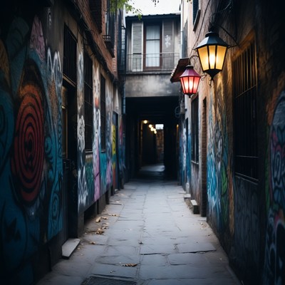 Graffiti-covered narrow urban alley