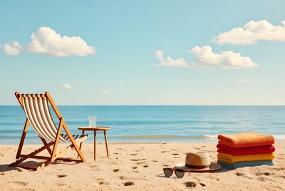 Beach chair towels hat sunglasses