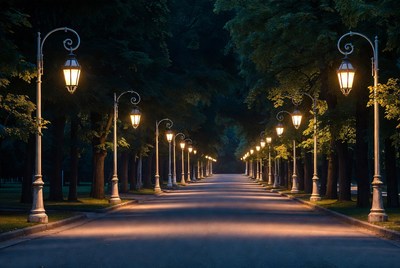 Lit Street Lamps Along Tree-Lined Path