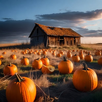Pumpkins Surrounding Old Barn at Sunset