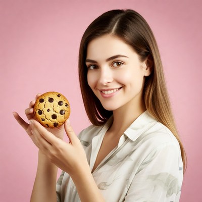 Woman holding chocolate chip cookie