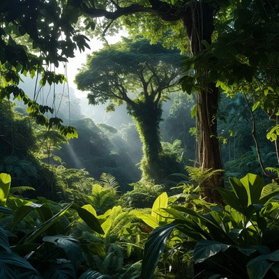 Lush Tropical Rainforest with Sunbeams
