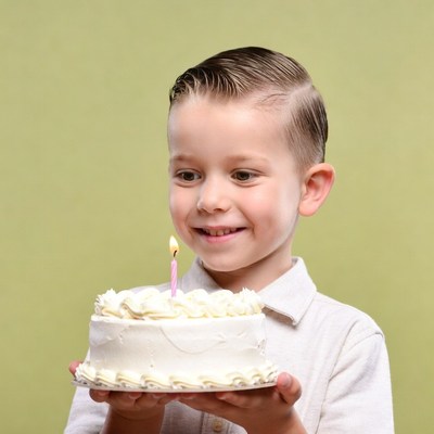 Boy holding birthday cake with candle