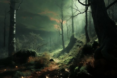 Misty Dark Forest with Bare Trees