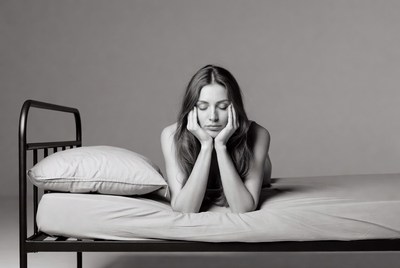 Nude woman resting chin on hands in bed