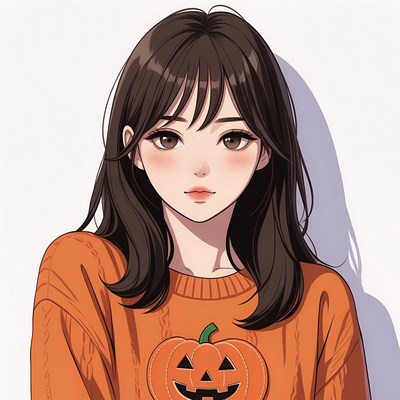 Asian girl in pumpkin sweater