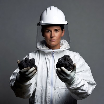 Woman in hazmat suit holding black rocks