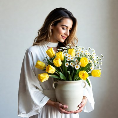 Woman holding yellow tulips and daisies